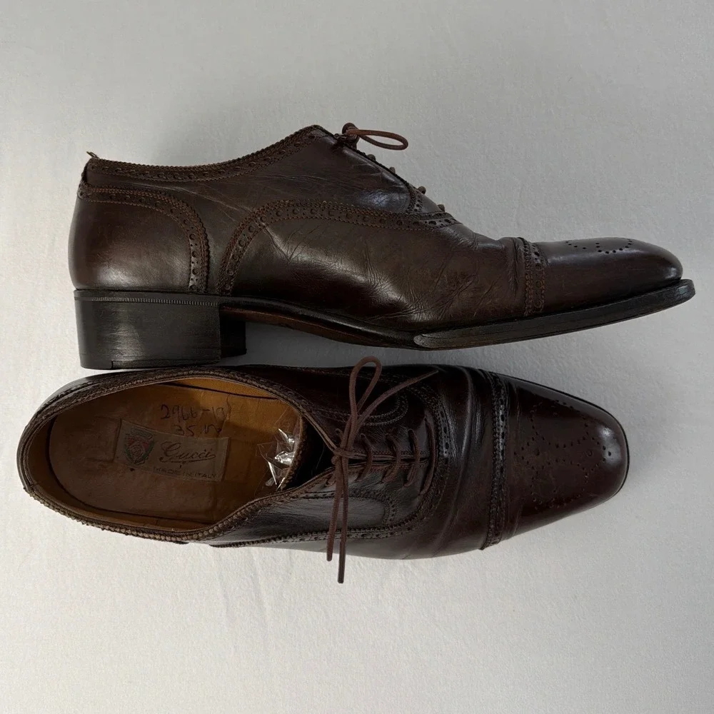 Gucci Mens Vintage Brown Leather Wingtip Brogue Oxford Shoes 42.5 D 111 240 1001